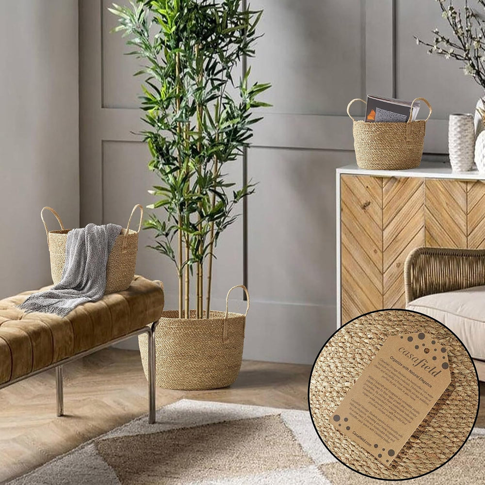 Casafield Set of 3 Braided Seagrass Baskets with Jute Handles - Natural, Wove...