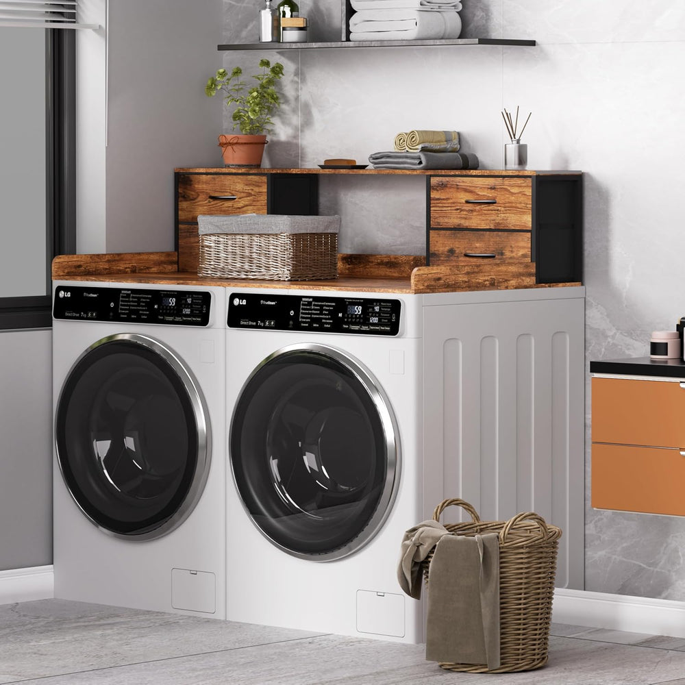 Unionly 2 Tier Washer and Dryer Countertop with fabric drawers and wood top
