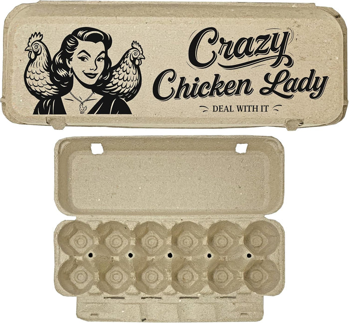 Funny Retro Egg Carton – “Krazy Chicken Lady” Vintage Humor Design, Holds 12 Eggs, Eco-Friendly Molded Fiber Dozen Carton for Farm Stands & Backyard Chickens - 50 Pack