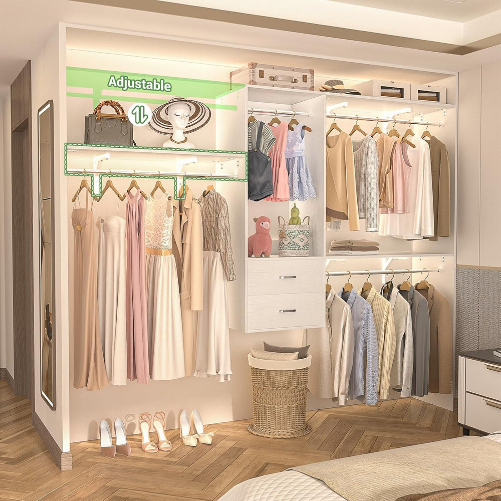 96 Hanging Closet System with 2 Wooden Drawers, 75"–87" Height Adju...