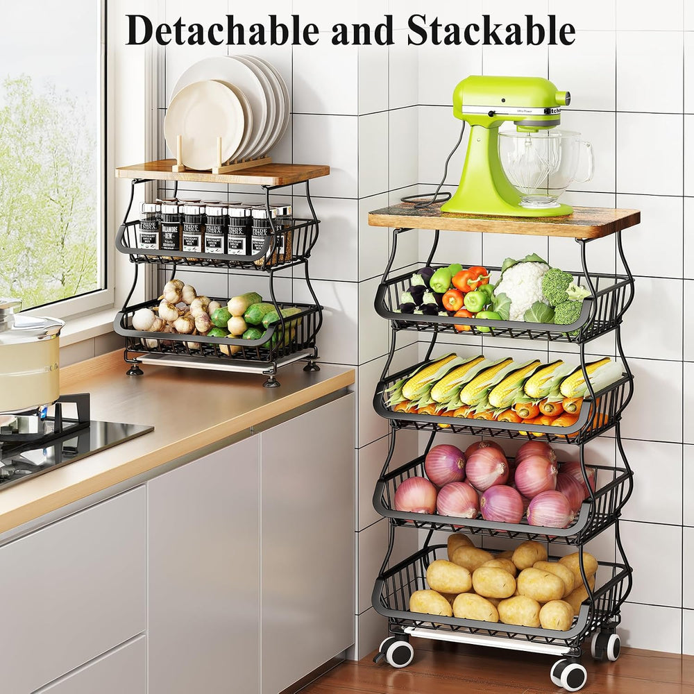 SAYZH 5-Tier Fruit and Vegetable Basket Stand for Kitchen, Wood Top, Black