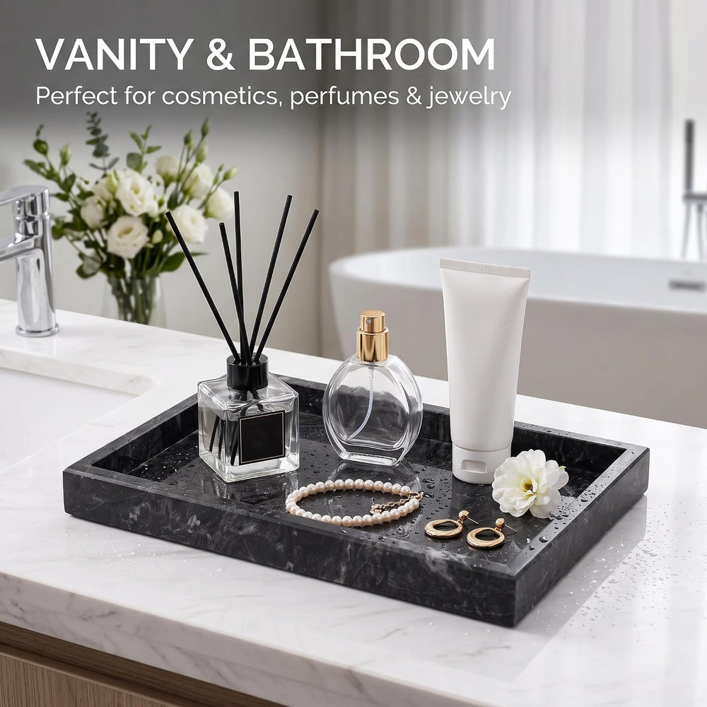 Natural Marble Tray, 12"x8" Rectangular Vanity Catchall w/Silicone ...