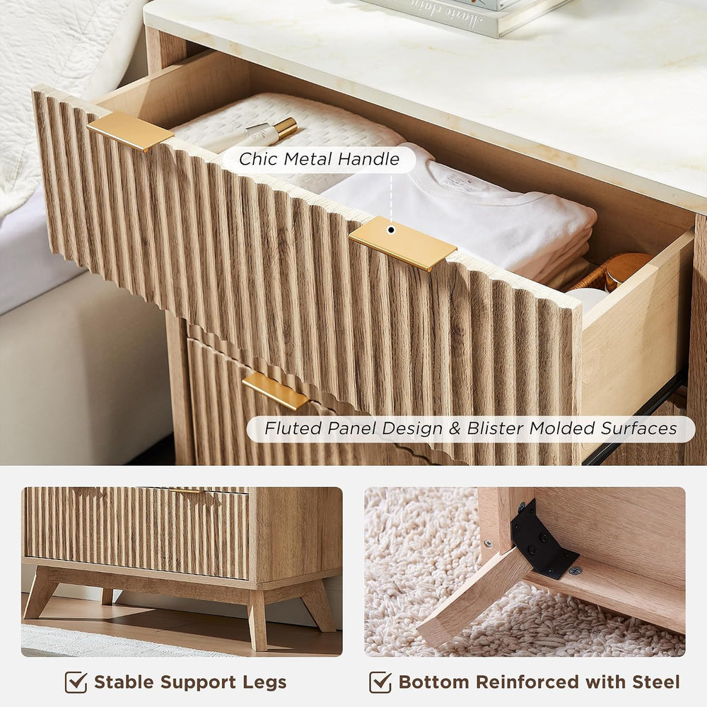 T4TREAM 32" Tall Fluted 3 Drawer Dresser for Bedroom, Natural Oak