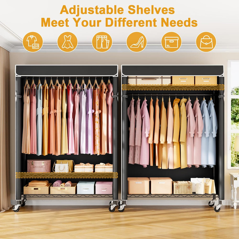 P6C Plus Rolling Clothes Rack with Cover, Covered Clothing Rack
