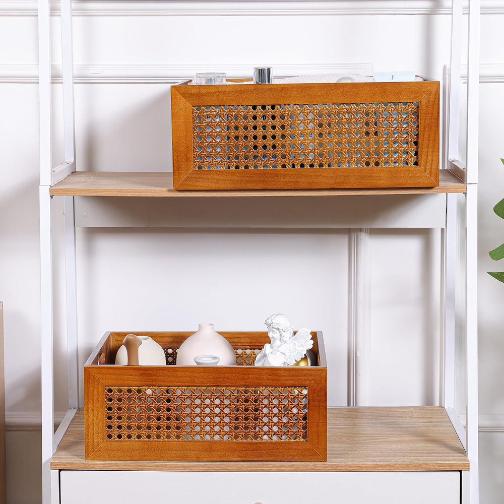 Rattan Wooden Box Set of 2 Handmade Decorative Storage Basket with Handles