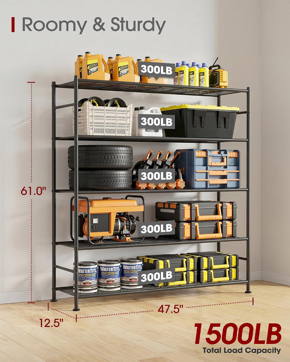 Sakugi Garage Shelving, 5-Tier Storage Shelves, 47.5"x12.5"x61"...