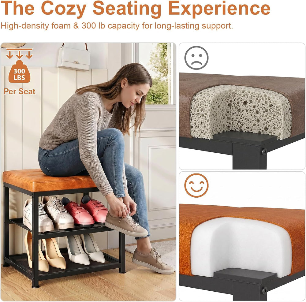 Small Shoe Storage Bench with PU Leather Seat Cushion, 3-Tier Freestanding Sh...