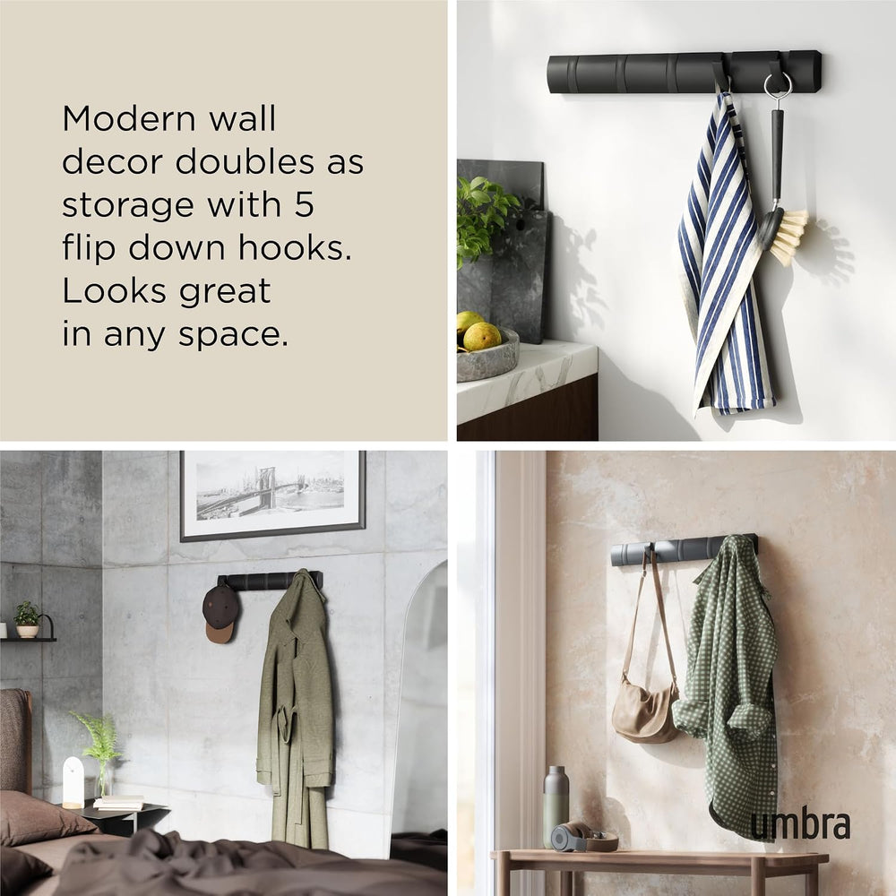 Umbra Flip Coat Rack, Wall Mounted 5-Hook Space Saving, Black/Black