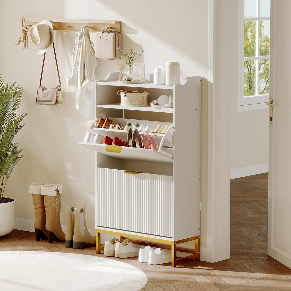 GarveeHome Fluted Shoe Cabinet Storage for Entryway, Wood Shoe Rack with 2 Fl...