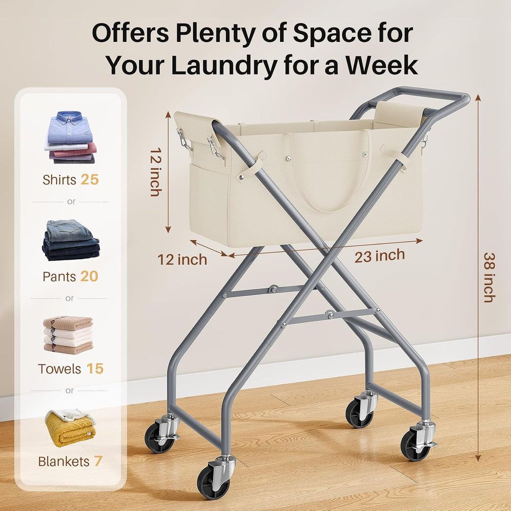 No-Bend Laundry Cart- Rolling Hamper with Locking Wheels & Handle, Foldab...