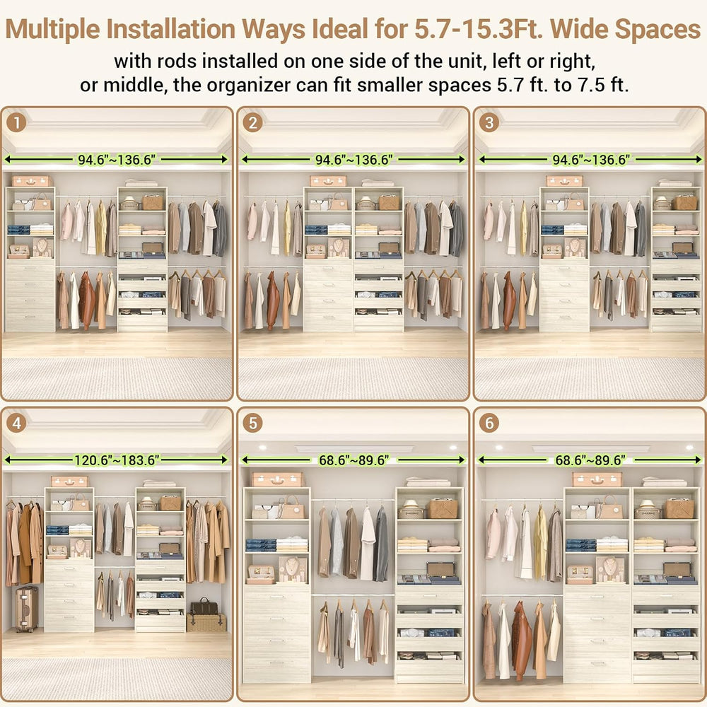 Aheaplus Closet System, 6-15Ft Custom Wood Closet Organizer with 8 Drawers