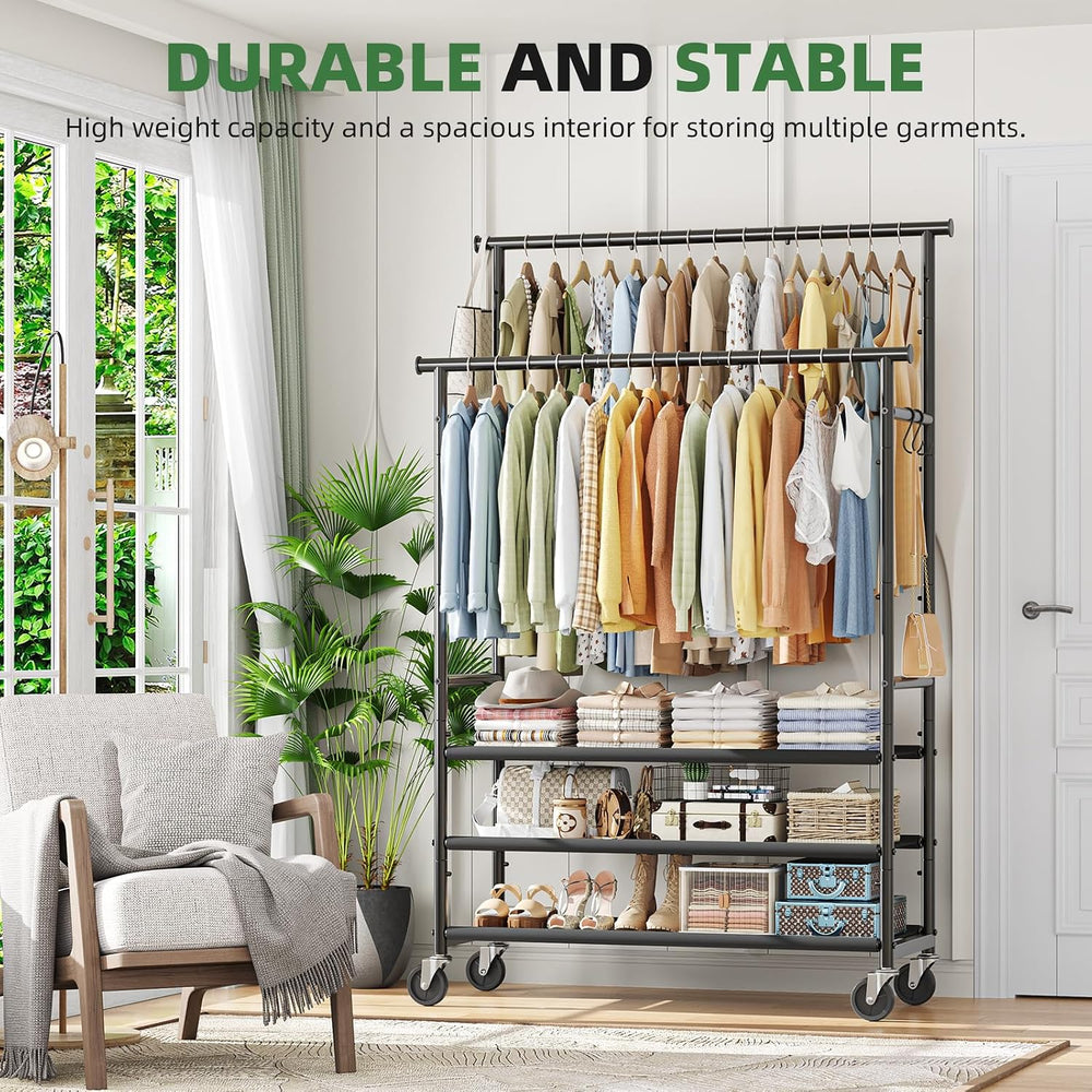 Ekisemio Double Rods Clothes Rack for Hanging Clothes, Rolling Clothing Rack ...