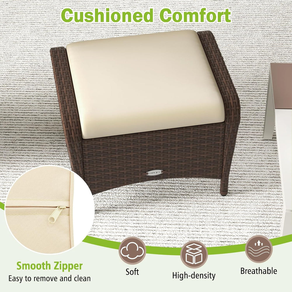 RELAX4LIFE 2-Piece Wicker Outdoor Ottoman - Rattan Footstools w/Removable Cus...