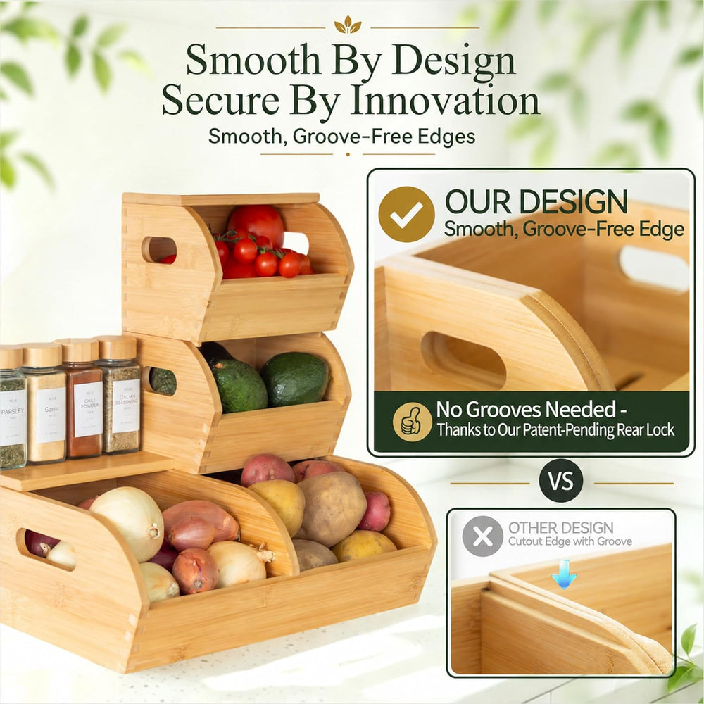 Bamboo Potato and Onion Storage Bin Wood Vegetable Garlic Produce Organizer