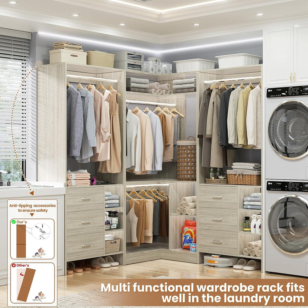 Aheaplus Closet System with 6 Drawers, 4 Hanging Rods & Corner Tower, Cor...