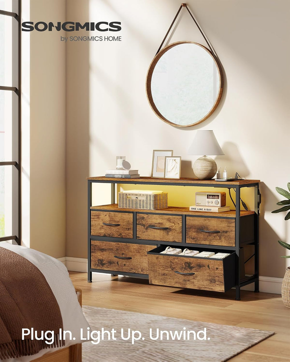 SONGMICS Dresser with App-Controlled LED Lights, 5 Fabric Drawers Dresser