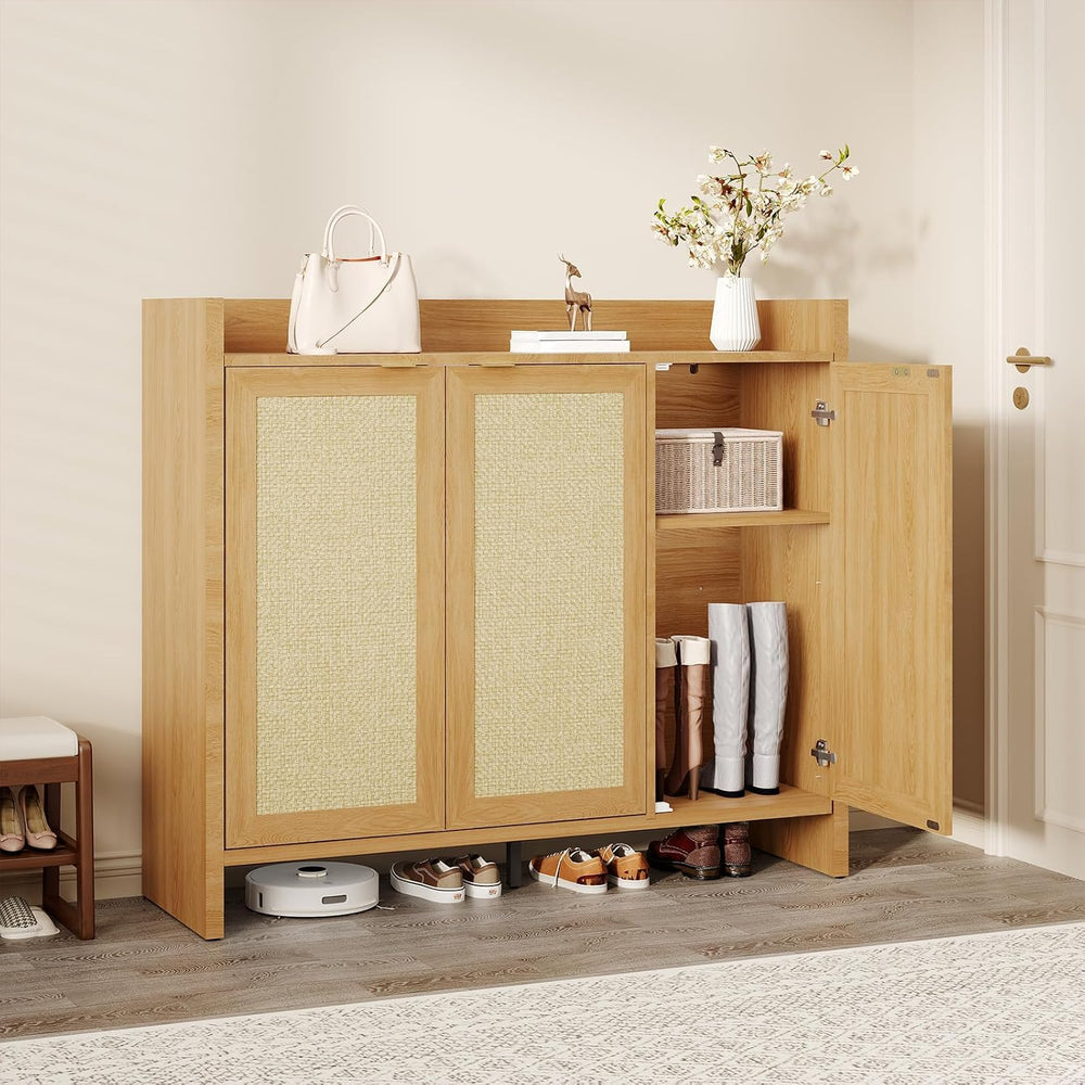 3 Door Rattan Shoe Cabinet for Entryway, Freestanding Wooden Shoe Rack with A...