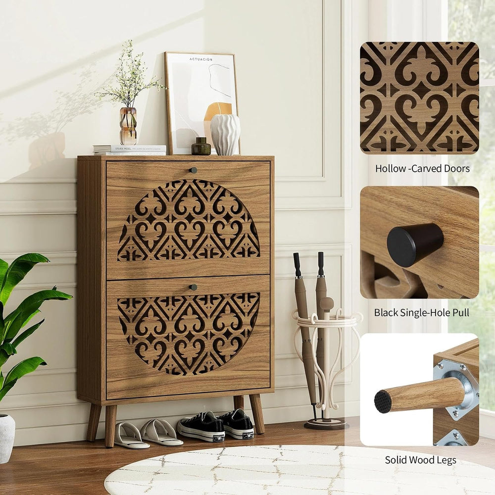 vistavie 6.7" Walnut Ultra-Slim Shoe Cabinet with 2 Flip Drawers,Heart-S...