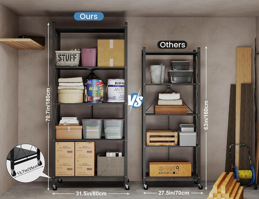 ALANNG 70.7" H Metal Storage Shelves, 5 Tier Folding Shelf on Wheels