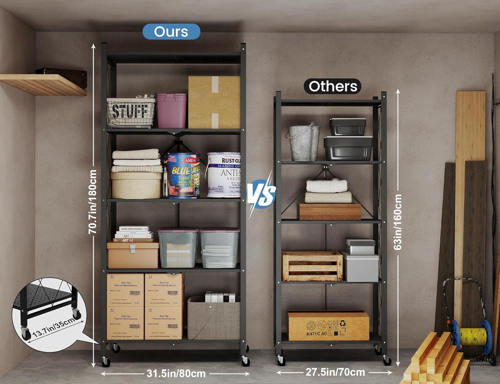 ALANNG 70.7" H Metal Storage Shelves, 5 Tier Folding Shelf on Wheels