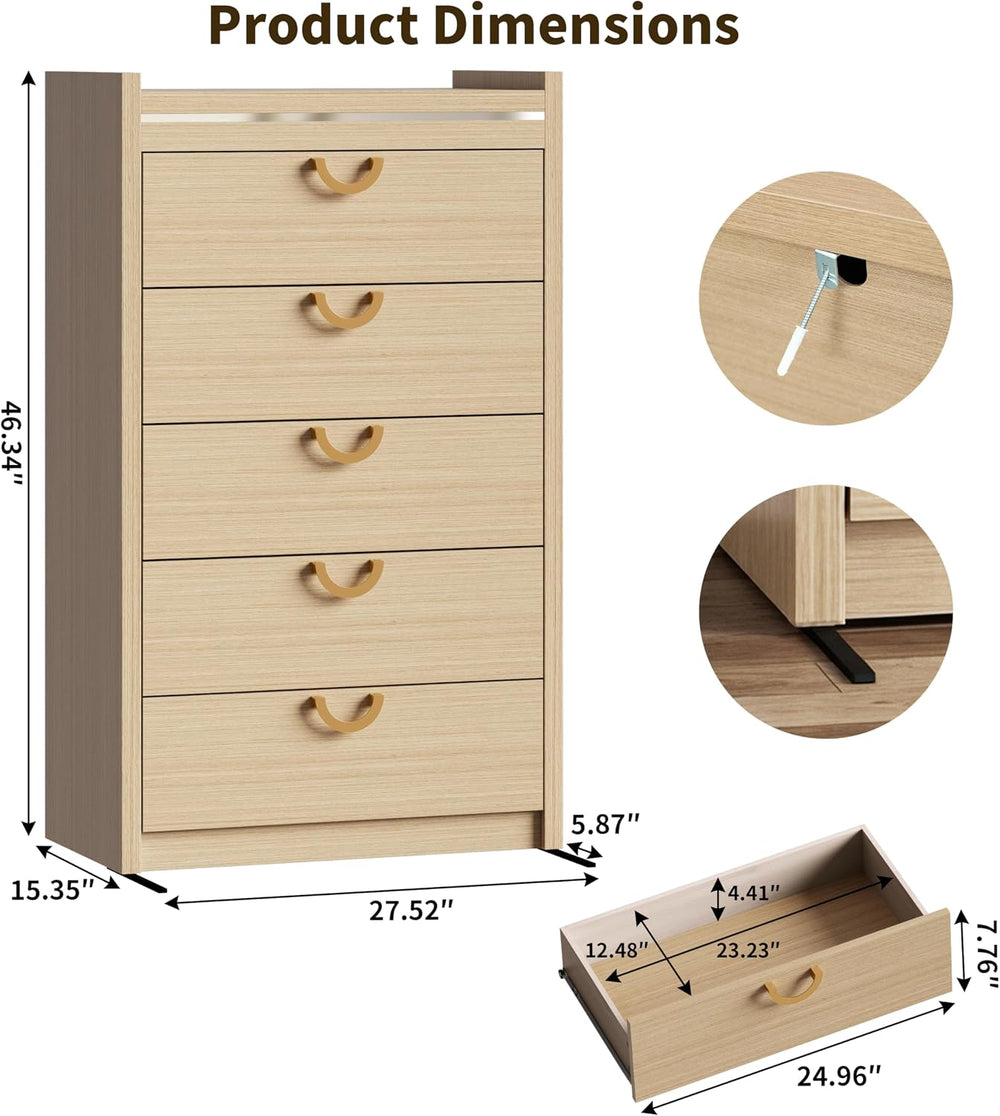 Gyfimoie 5 Drawer Dresser for Bedroom, 46.4" Tall Modern Chest of Drawer...