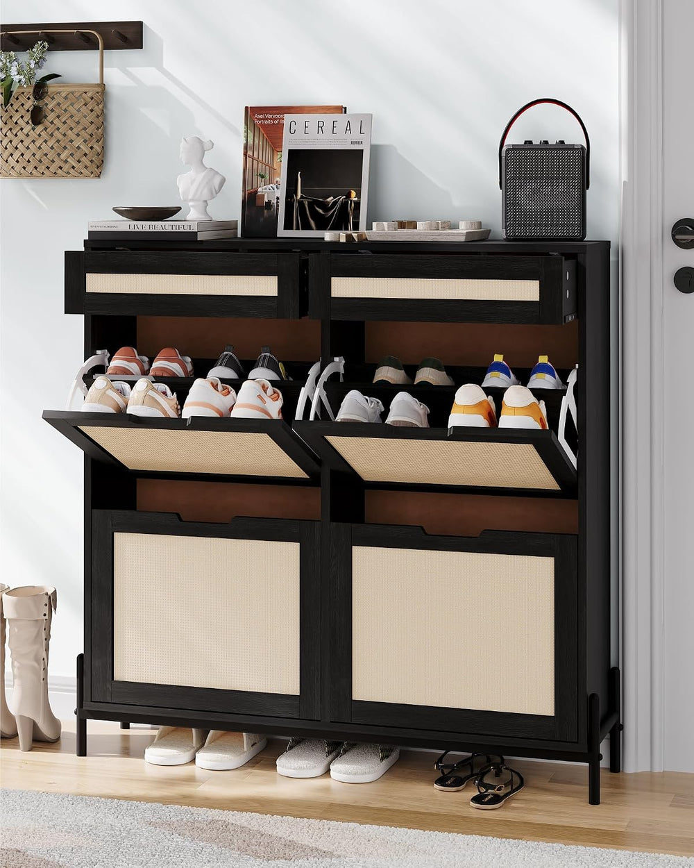 GarveeHome Rattan Shoe Cabinet Storage with 4 Flip Drawers & 2 Top Drawer...