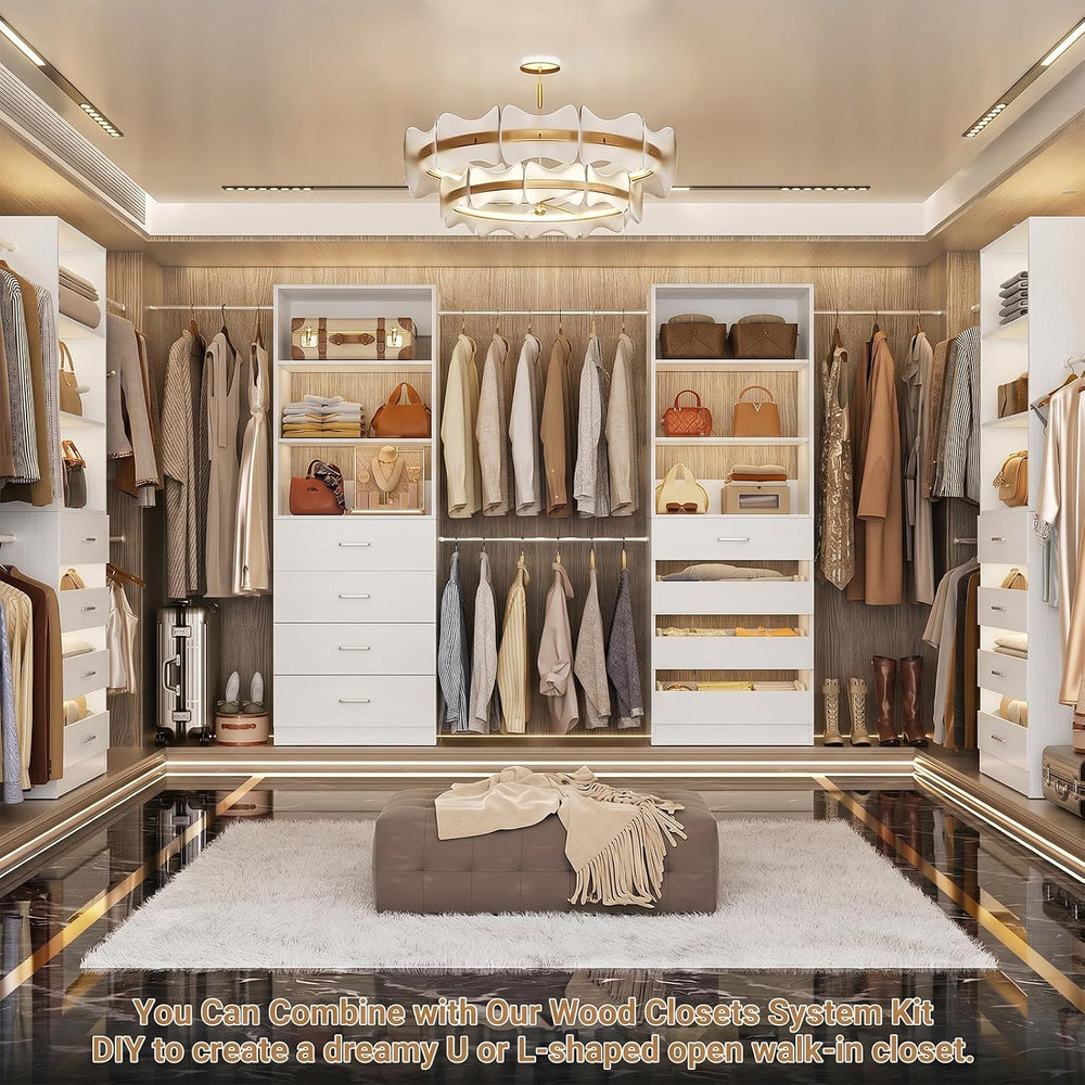 Aheaplus Closet System, 6-15Ft Closet Organizer with 8 Wooden Drawers,White