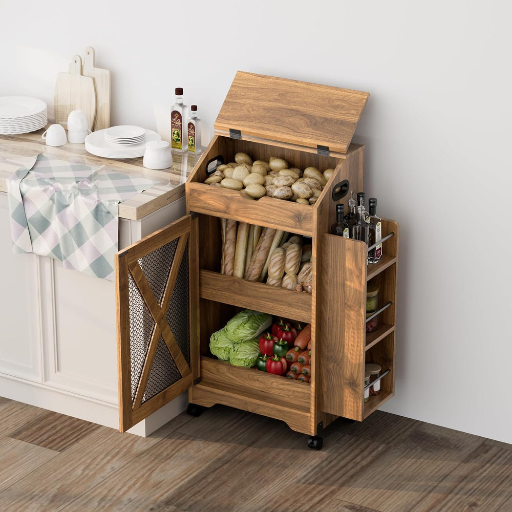 Potato and Onion Storage Bin, Movable Fruit and Vegetable Bin with Spice Rack...