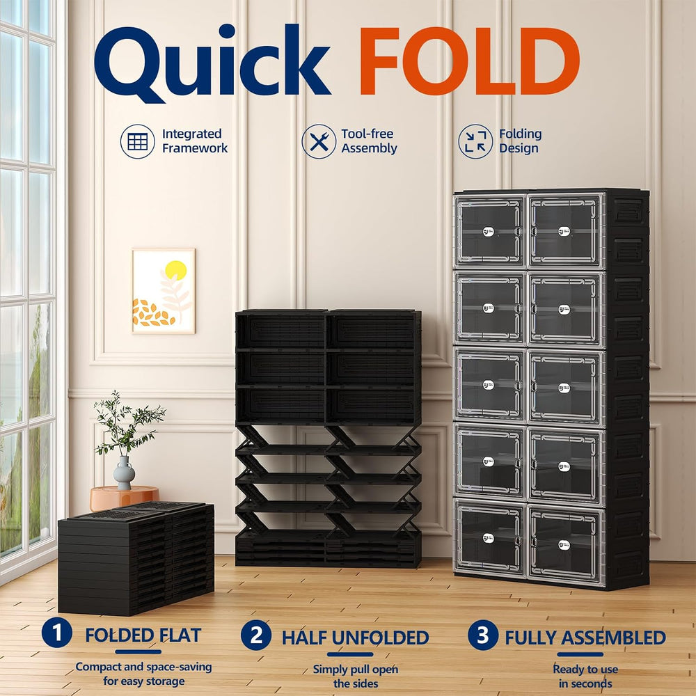 Foldable Shoe Cabinet with Magnetic Clear Doors, Wide Design Shoe Rack for En...