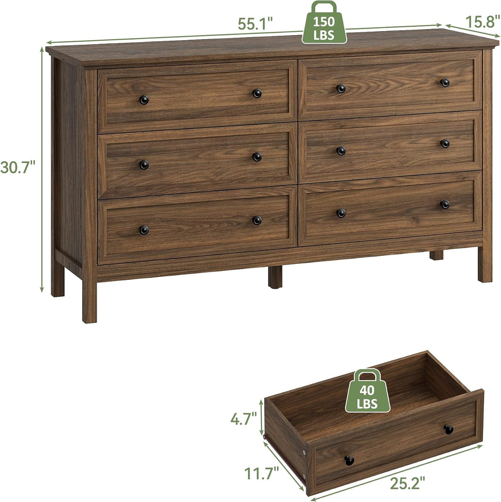 Tradare 55'' Walnut Dresser with 6 Drawers for Bedroom, Wood Dresser ...