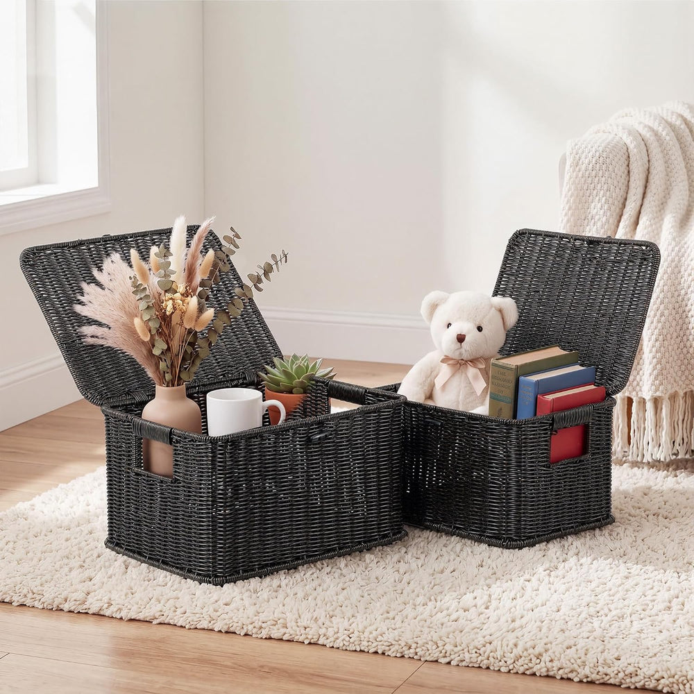 Nonam Wicker Storage Basket With lid, Stackable Plastic Bin (Black, S+M+L)