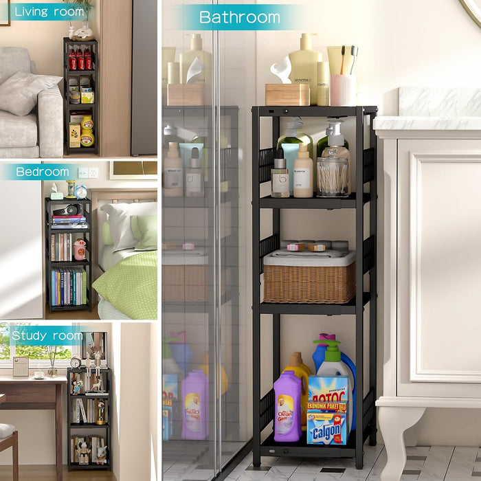 DAOUTIME Expandable Slim Storage Shelf, 4 Tier Metal Shelving Unit for Bathroom Storage Organizer, Freestanding Narrow Shelf for Small Spaces, Open Floor Shelves for Bathroom, Laundry Room, Kitchen