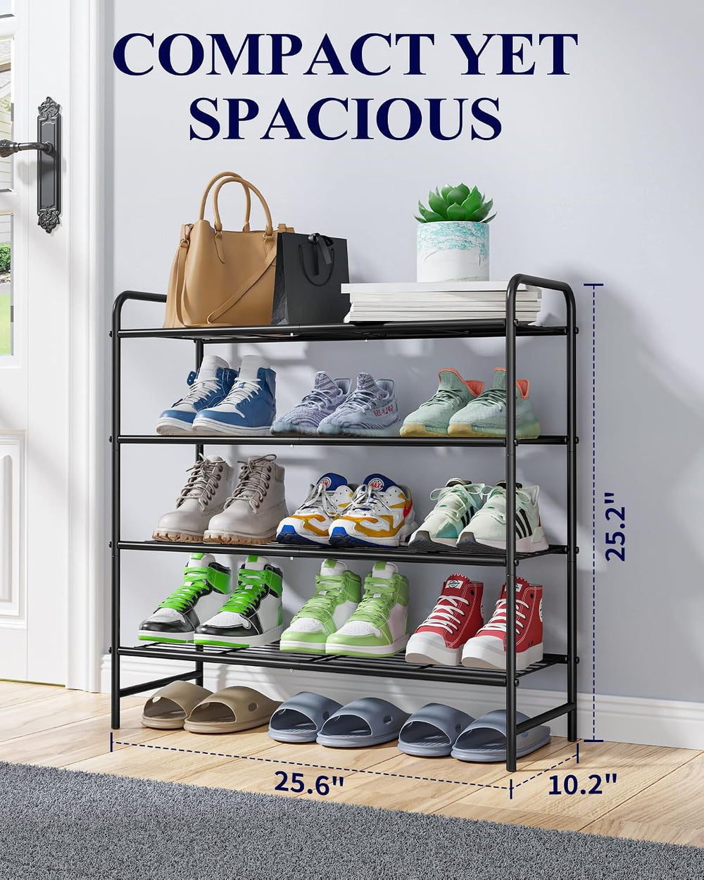 Kitsure Stainless Steel Shoe Rack Organizer, 25.6" Wide - 4 Tier, Black