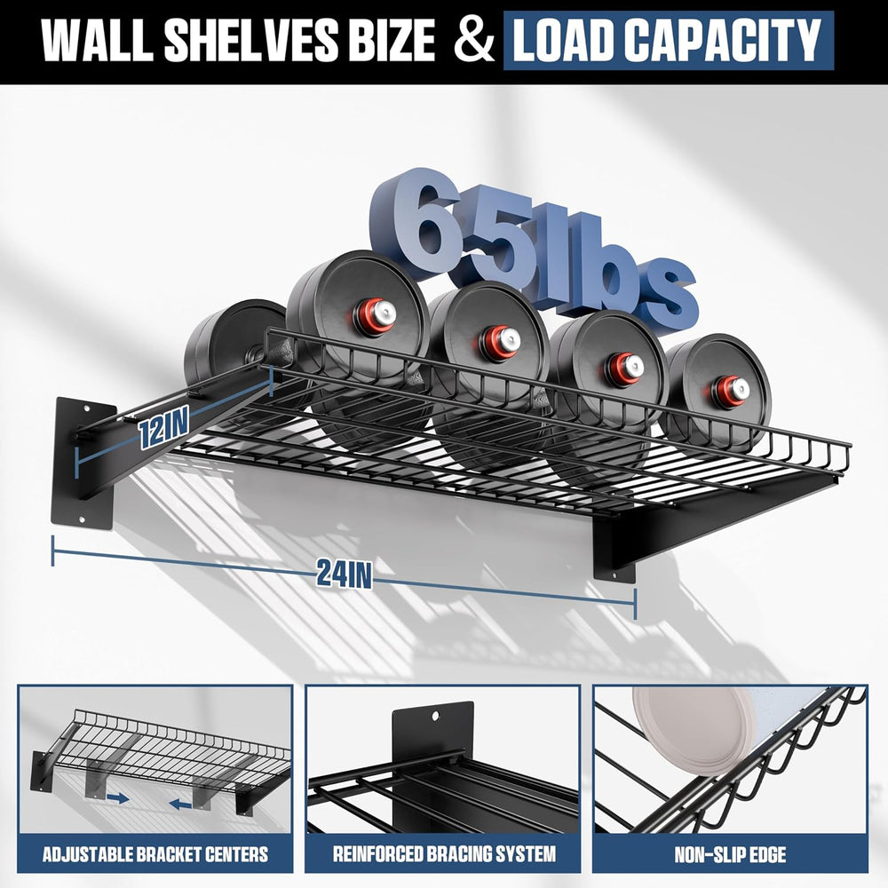 Garage Wall Shelving 24"x12" 2-Pack, Wire Wall Shelves, Black