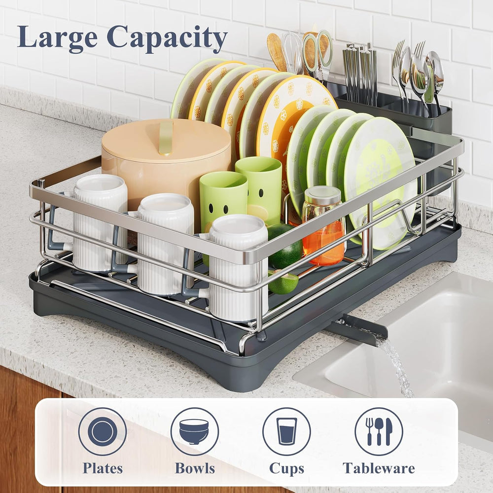 SAYZH Dish Drying Rack for Kitchen Counter with Utensil Holder, Silver