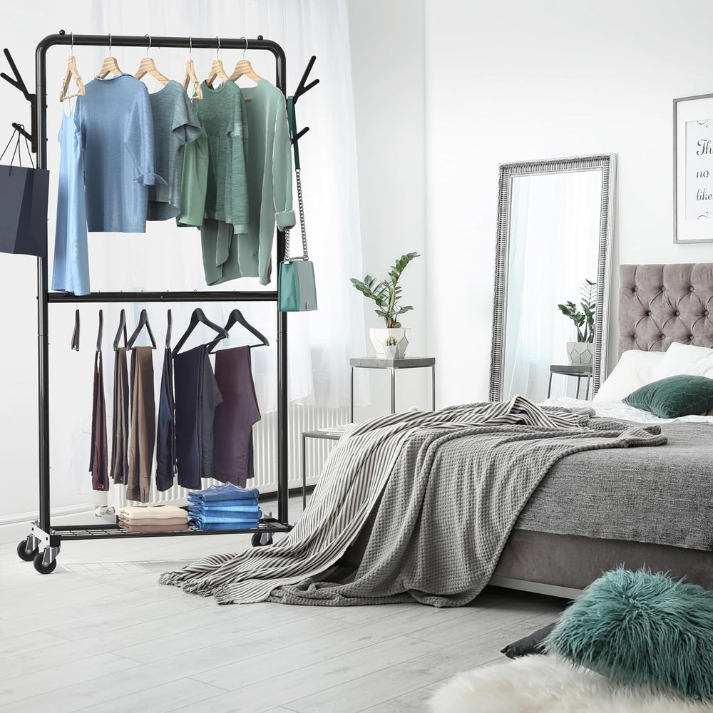 Simple Houseware Double Rod Clothes Rack with Wheels, Hooks & Shelf, Black