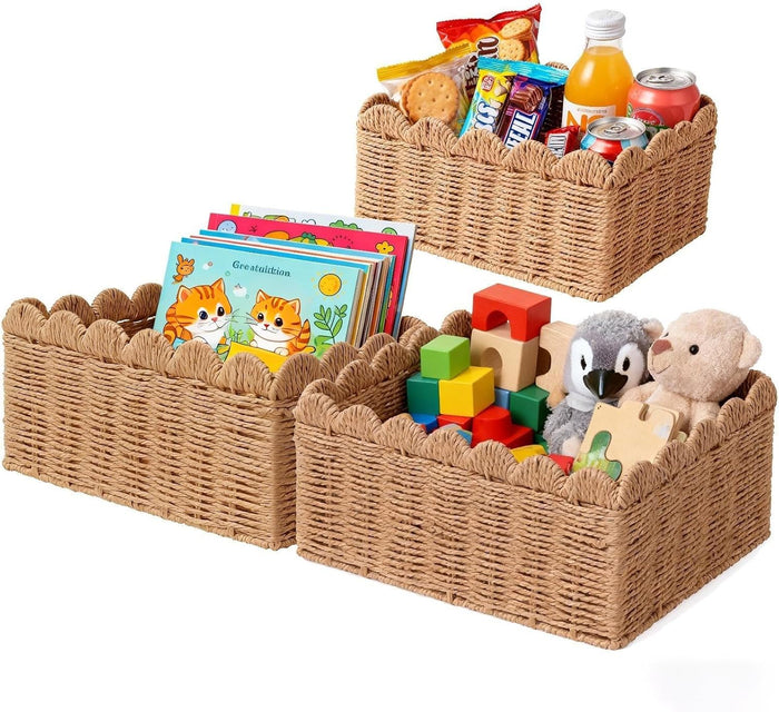 3 Pcs Wicker Baskets for Organizing,Scalloped Baskets, Hand-woven Wicker Storage Cubes, Paper Rope Shelf Baskets for Organizing and Decoration,Brown Basket