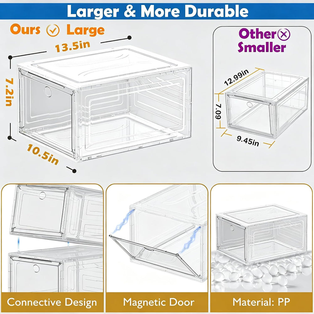Sturdy Clear Shoe Organizer with Magnetic Door, Stackable Shoe Storage Box