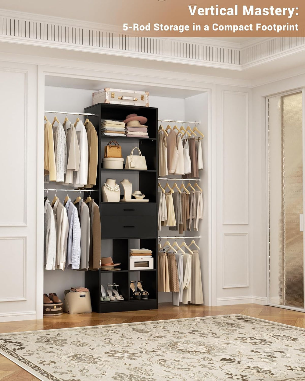 Besiost Small Closet System, 3.2-6.8FT Small Closet Organizer with 5 Hanging ...