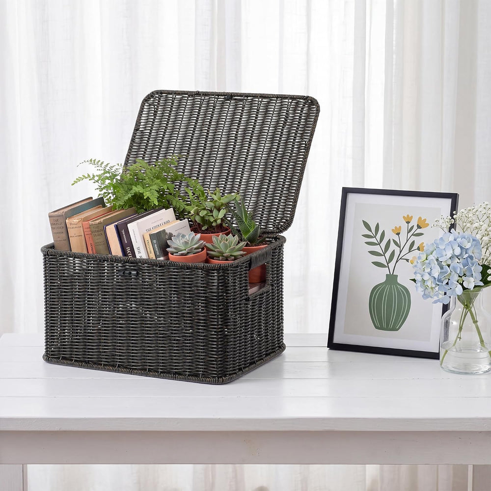 Nonam Wicker Storage Basket With lid, Stackable Plastic Bin (Black, S+M+L)