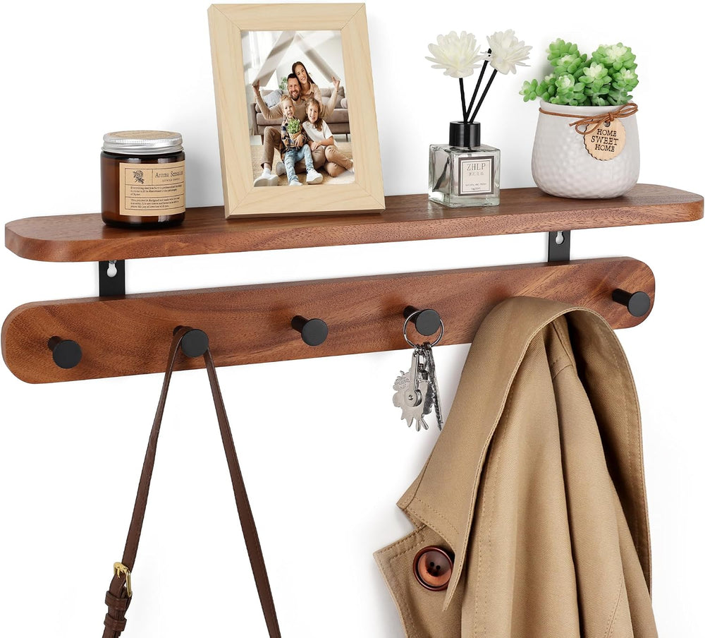 Coat Rack Wall Mount with Shelf, 22" Walnut Wood Wall Shelf with Hooks, ...