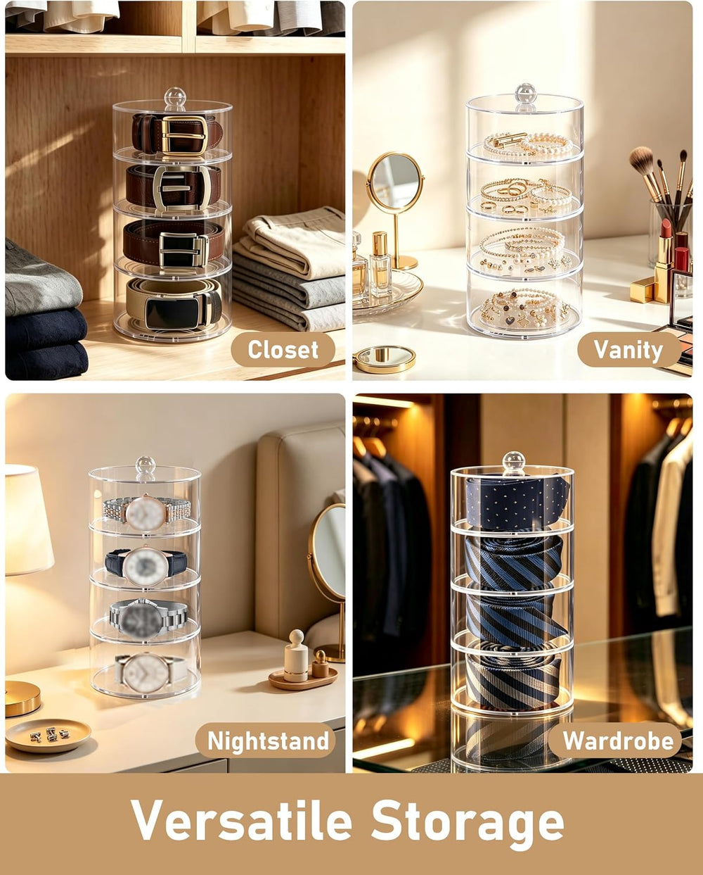 Belt Organizer, 4-Tier Acrylic with Dust Cover, for Closet, Clear