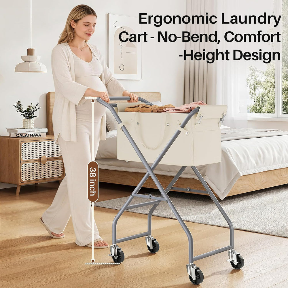 No-Bend Laundry Cart- Rolling Hamper with Locking Wheels & Handle, Foldab...