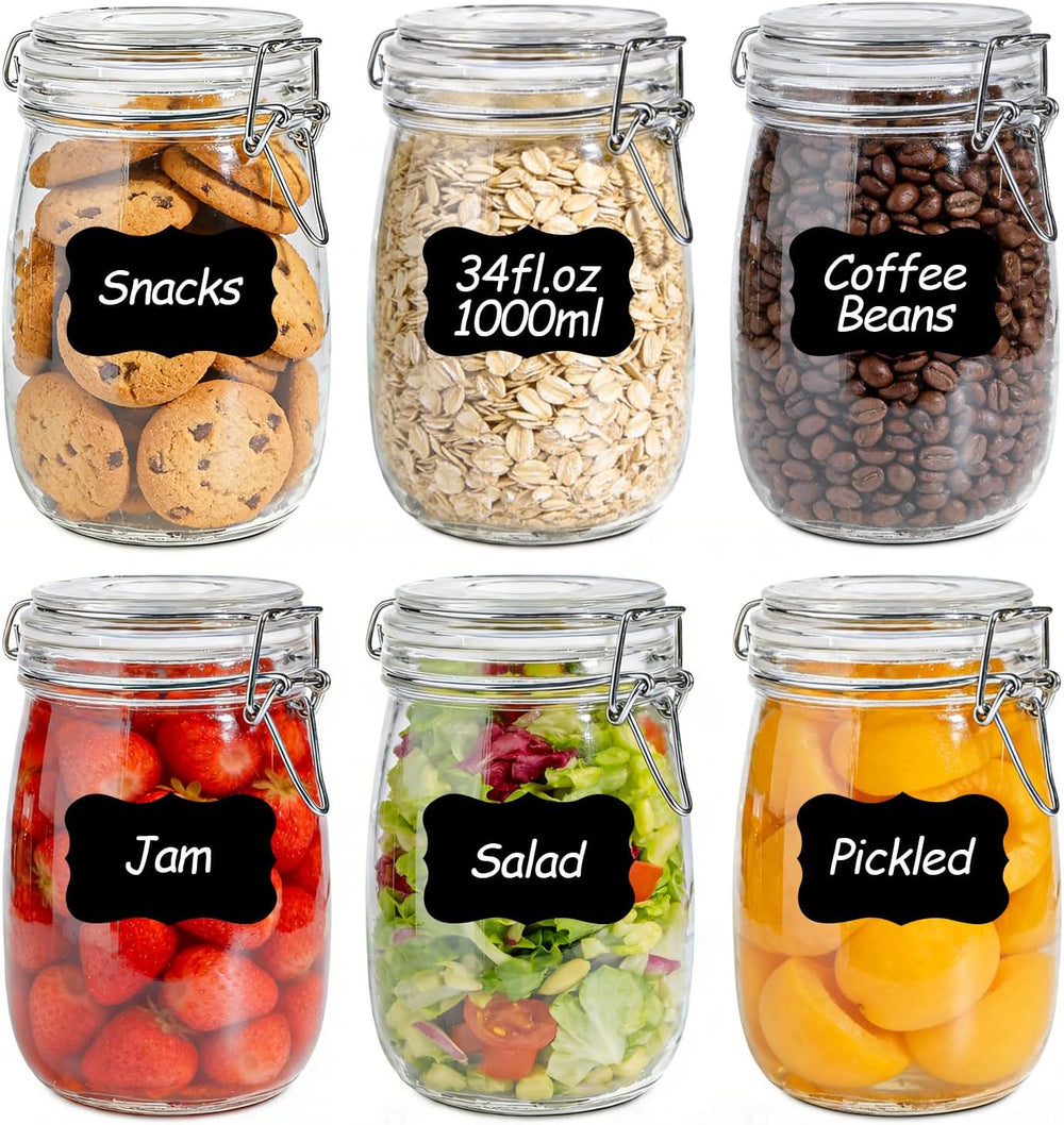 Glass Jars with Airtight Lids 34 oz 6 Pack Food Storage Pantry Round
