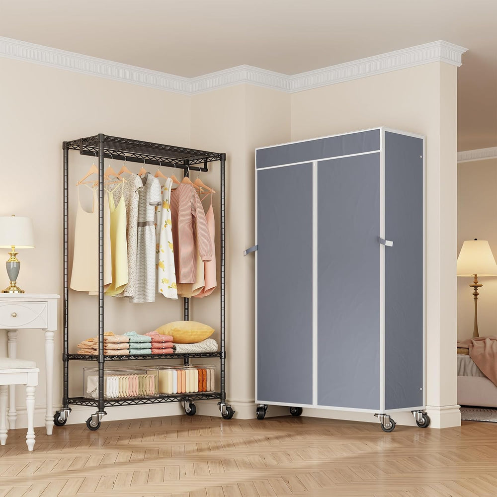 Higeego H4 Heavy Duty Clothes Rack, Black Clothing Rack with Grey Cover