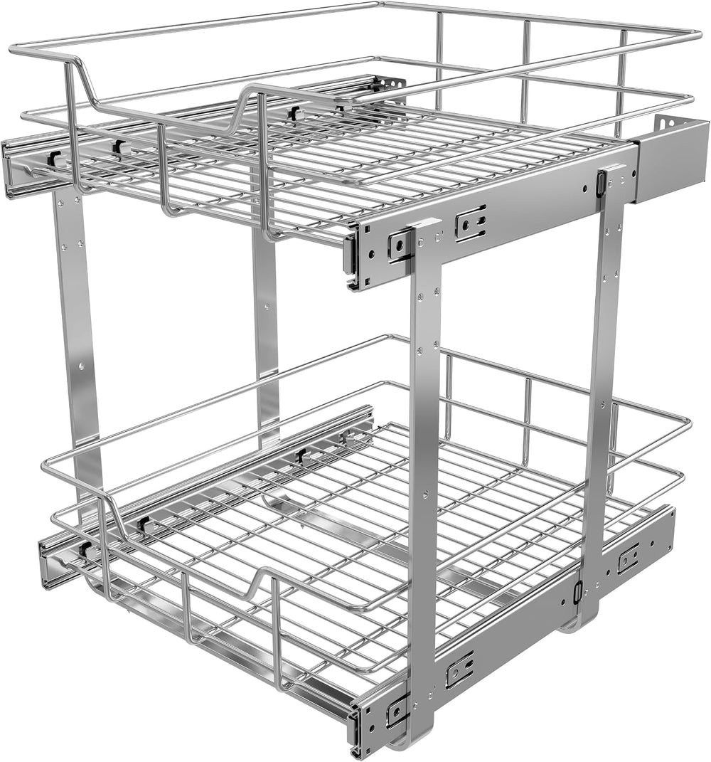 2 Tier Pull Out Cabinet Organizer 15" W X 17" D, Chromed, Full Slid...