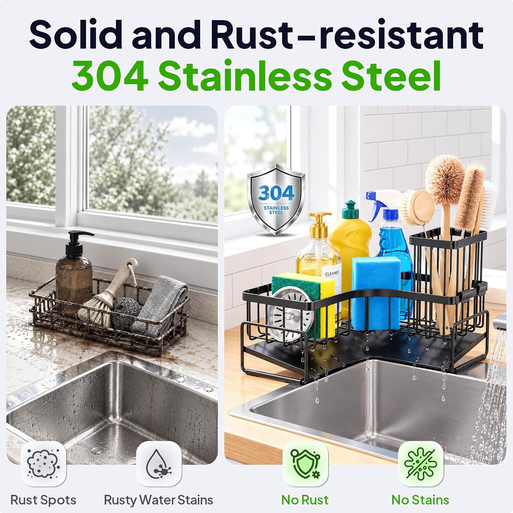 Large Sponge Holder for Kitchen Sink: L-Shaped Sink Caddy with Brush Holder