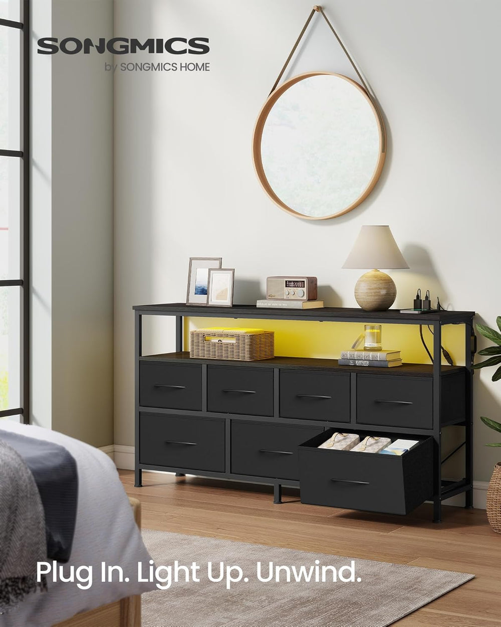 SONGMICS Dresser with App-Controlled LED Lights, 7 Fabric Drawers Dresser
