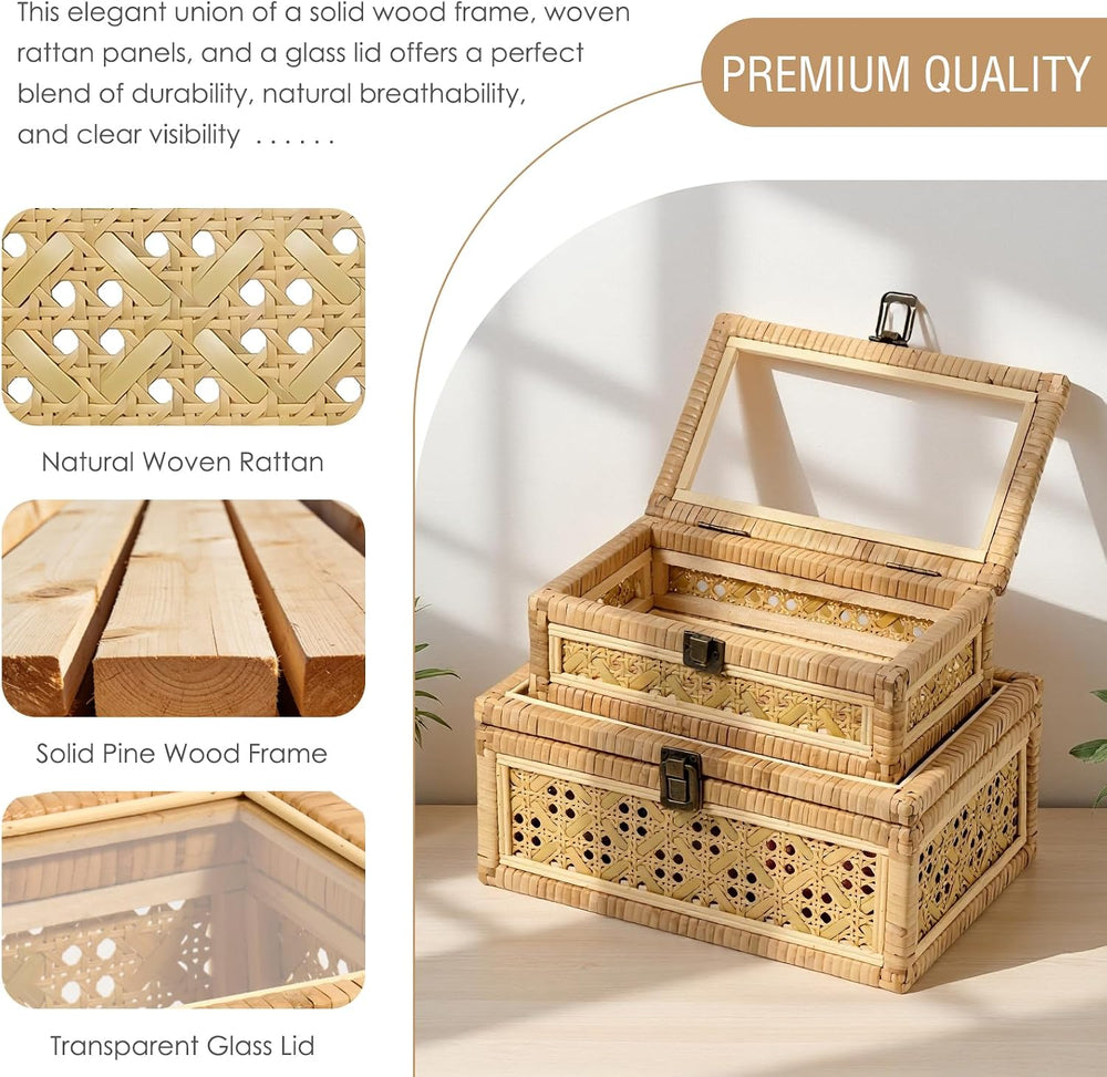 2PCS Decorative Rattan Boxes Handmade Natural Wicker Boho Baskets
