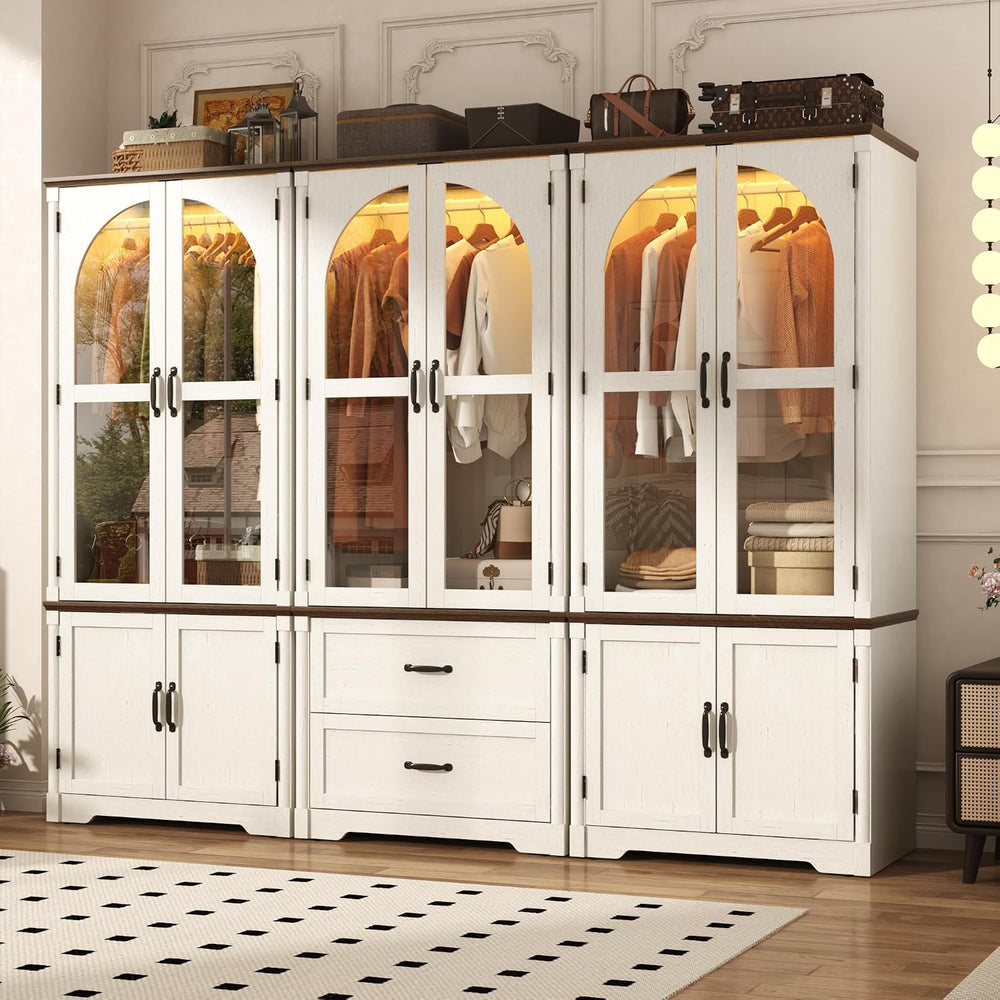 Tall Farmhouse 6 Doors Armoire Wardrobe Closet with LED ,72" Freestandin...